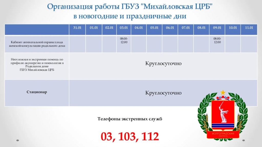 Режим работы Михайловской центральной районной больницы в праздничные дни